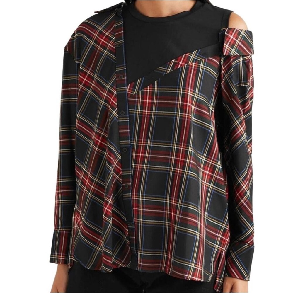 Maje Black Red Plaid Cold-Shoulder Blouse